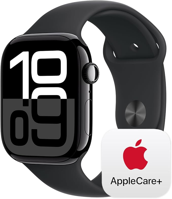 Apple Watch Series 10 [GPS + Cellular 46mm] with Jet Black Aluminium Case with Black Sport Band - M/L. Fitness Tracker, ECG App, Always-On Retina Display, Water Resistant with AppleCare+ (2 Years)