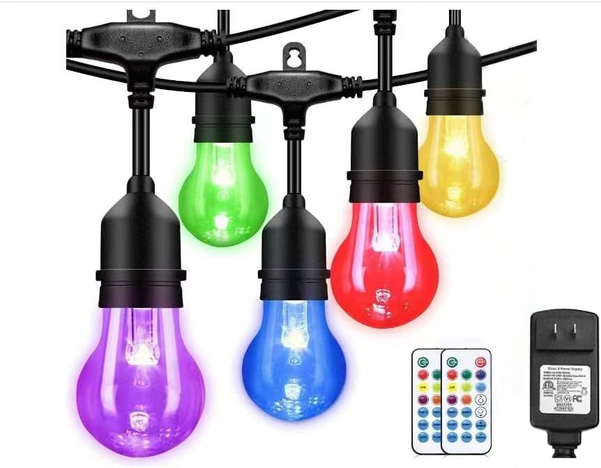 Auroraworld Outdoor Patio Lights Color Changing, 144FT RGB LED String Lights with E26 Shatterproof Edison Bulbs, Dimmable Patio String Lights for Bistro Backyard Garden, 1 Remote Controllers