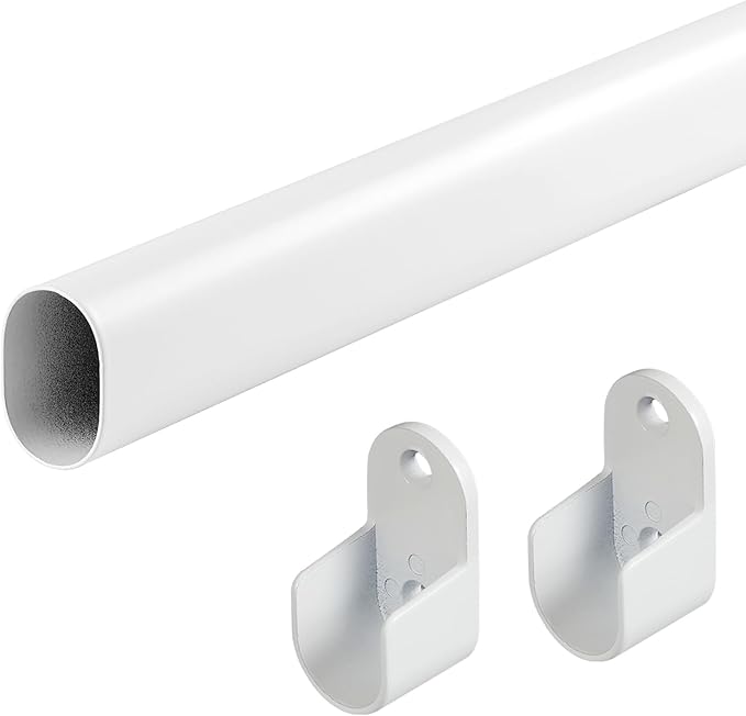 Oval Closet Rod for Hanging Clothes 18 to 52 Inch Adjustable with Snap Fasteners Heavy Duty 1 inch Diameter With End Supports White Poles Bar Closet Rod Expandable for Wardrobes