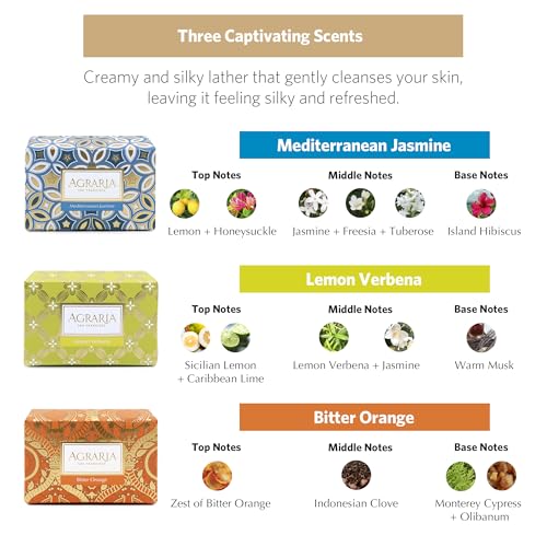 AGRARIA Luxury Bath Bar Soap Assorted Collection, Bitter Orange, Lemon Verbena, Mediterranean Jasmine Bar Soap for Men and Women, Skincare Gift Set