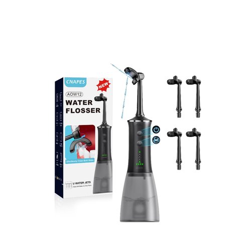 CNAPES Cordless Water Dental Flosser with 4 U-Shaped Jet，Black