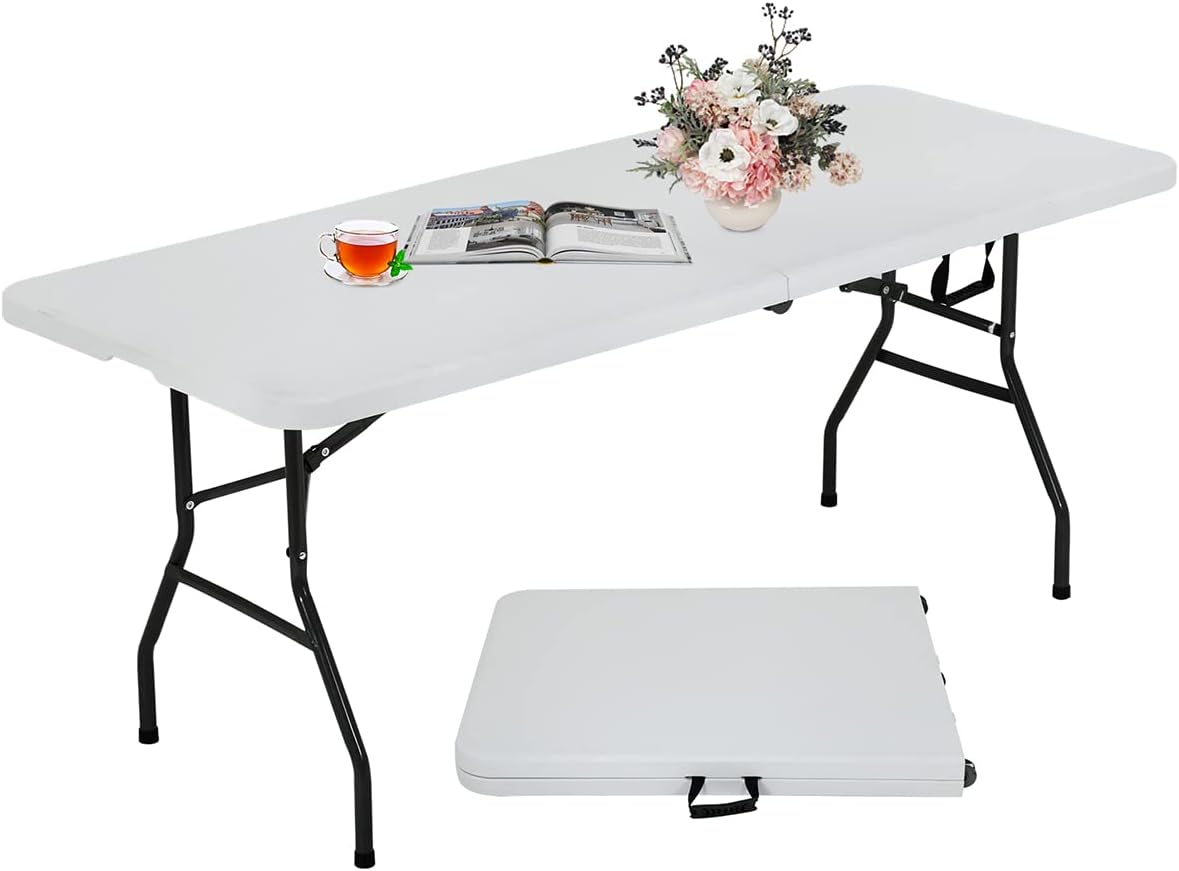 6FT Folding Table, Heavy Duty Plastic Table Portable Fold-in-Half Utility Table Indoor Outdoor Picnic Table w/Handle & Lock for Camping BBQ Party Wedding Market Events, 500LBS
