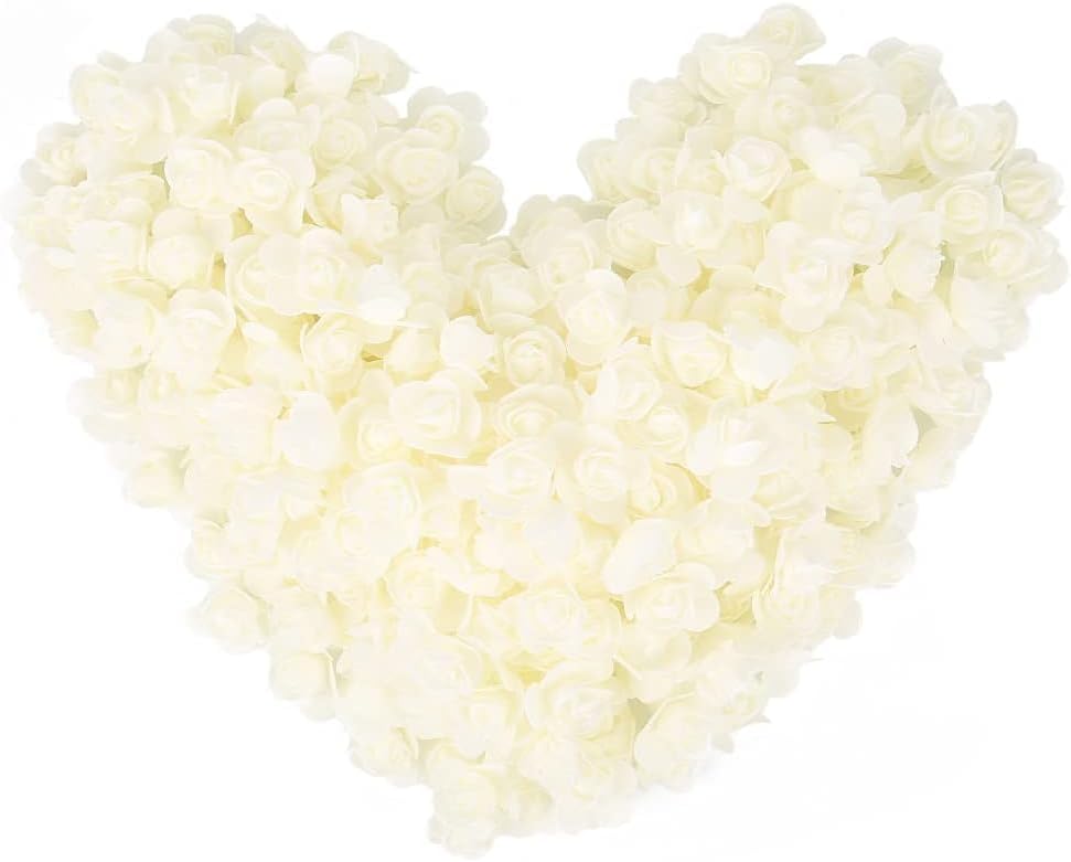 Mini Fake Rose Flower Heads 144pcs Mini Artificial Foam Roses DIY Wedding Flowers Accessories Make Bridal Hair Clips Headbands Dress (Bottom add Gauze) for Valentines Day,Wedding,Bridal (Milk White)
