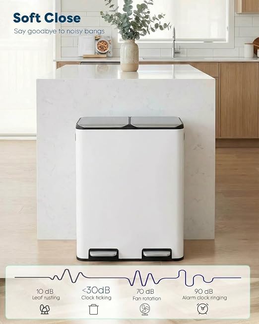 ComfyCorner 16 Gal (2 x 30 L) Dual Trash Can, Stainless Steel Kitchen Garbage Bin, Recycle Dustbin with Odor Control Box, Soft-Close Lid, Inner Buckets, Side Handle, Step Pedal, for Home Office