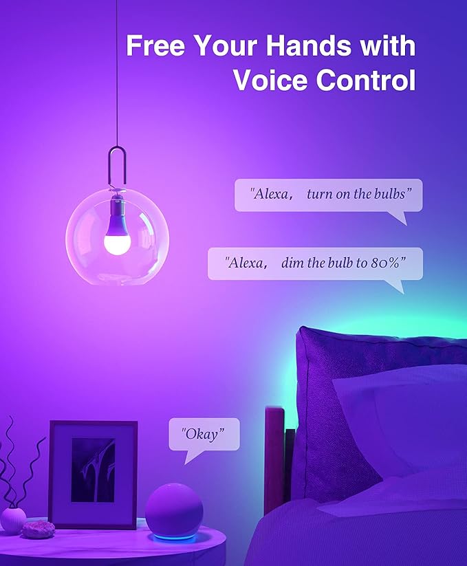 Beantech Smart Bulb, WiFi LED Light Bulbs, Dimmable Light Bulb 2700K-6500K, Smart Bulbs Compatible with Alexa & Google Assistant, A19 Alexa, RGB Tunable White Bulb, 4 Pack, Multicolor (NWB5-4)
