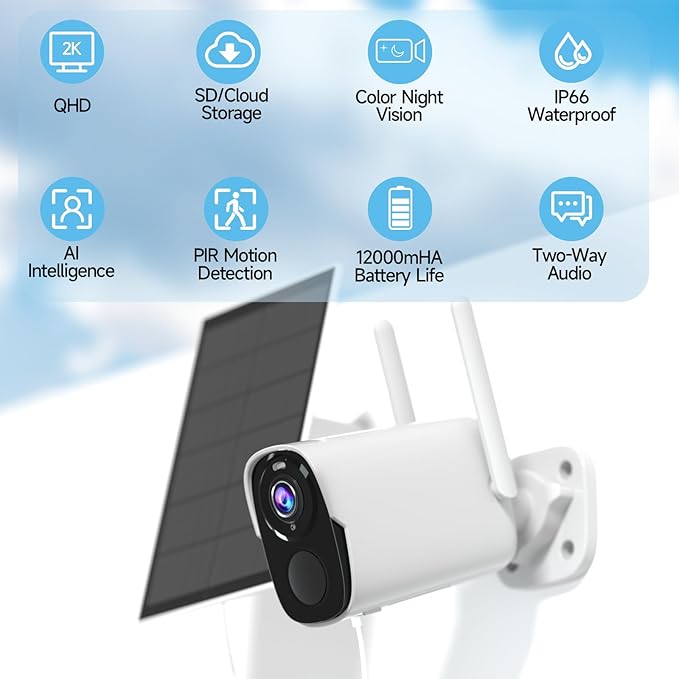 ELECCTV 2K QHD Solar Security Cameras Wireless Outdoor WiFi, 12000mah Battery, IP66 Waterproof, Two-Way Audio, Color Night Vision, Motion Sensor-4PACK BW4PLUS with Solar Panel