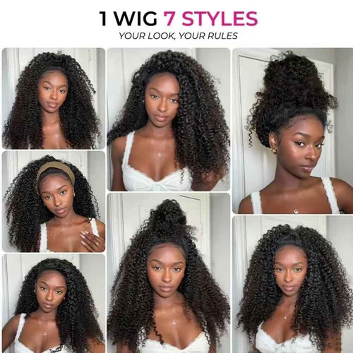 Larhali Kinky Curly Half Wig Human Hair 180% Density Wear And Go Glueless Wigs Human Hair 16 Inch Curly 3 In 1 Half Wigs for Women Drawstring Seamless Flip Headband Wig Beginner Friendly