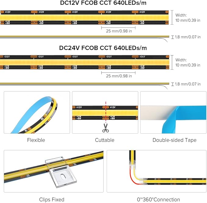 BTF-LIGHTING FCOB CCT COB LED Strip Tunable 2700K-6500K DC24V 2X16.4FT Total 32.8FT 640LED/m CRI 90+ Flexible High Density Dimmable LED Light for Home Indoor Decor(No Adapter or Controller)
