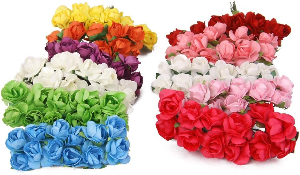 Mini Fake Rose Flower Heads 144pcs Mini Artificial Mulberry Paper Roses Flower with Wire Stem DIY Wedding Flowers Accessories Make Bridal Hair Clips Headbands Dress (Champagne)