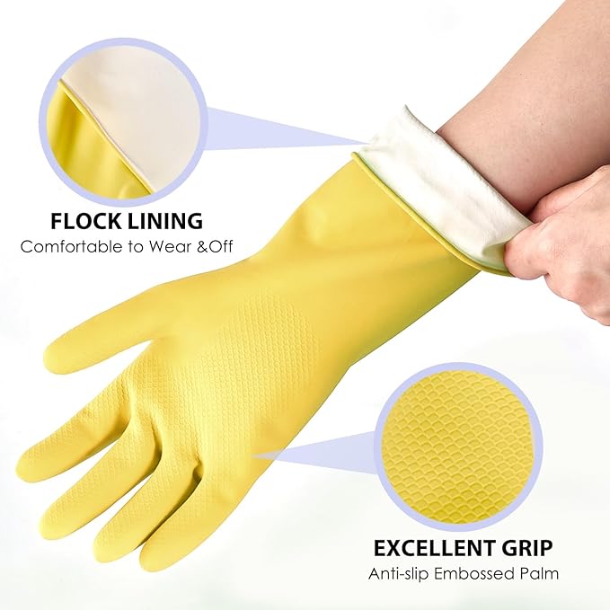 Rubber Kitchen Dishwashing Gloves - 4 Pairs Colorful Reusable Cleaning Gloves for Kitchen Washing Dishes and Household Cleaning(Large, Yellow+Blue)