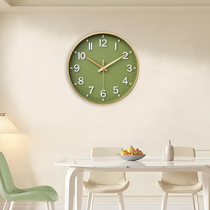 HZDHCLH Wall Clocks Battery Operated,Wall Clock Green Gold,14 inch Wall Clock Silent Non Ticking Modern 3D Numbers for Kitchen Bedroom Living Room Office Classroom Decor