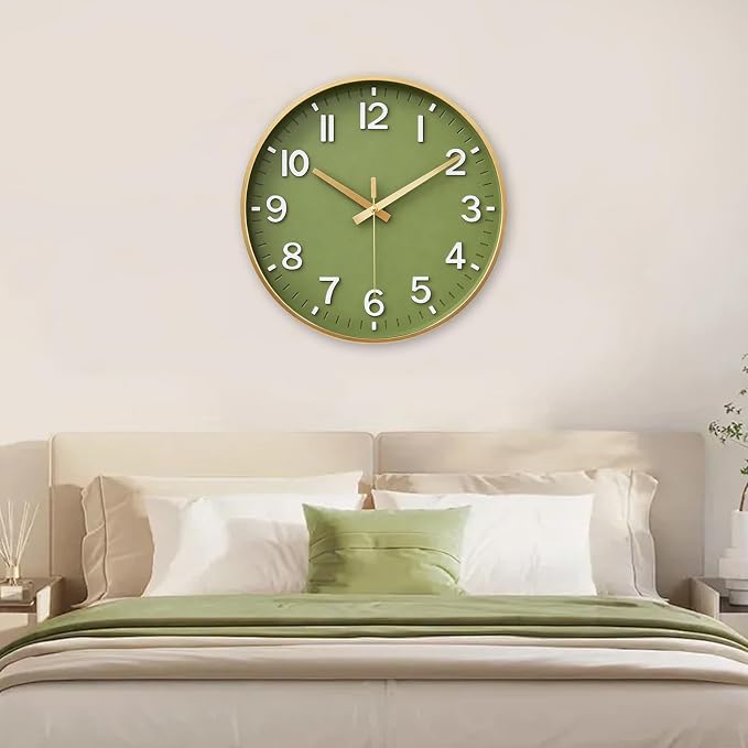 HZDHCLH Wall Clocks Battery Operated,Wall Clock Green Gold,8 inch Wall Clock Silent Non Ticking Modern 3D Numbers for Kitchen Bedroom Living Room Office Classroom Decor