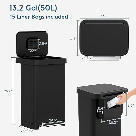 Arlopu 50L/13.2Gal Stainless Steel Trash Can W/15 Inner Bags & Rear Trash Bag Storage Compartment, Kitchen Step Trash Can with Lid & Built-in Deodorizer Box, Garbage Bin W/Foot Pedal (Black)