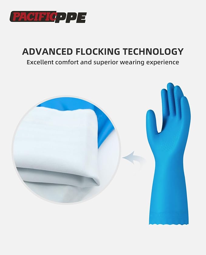 PACIFIC PPE 4 Pairs Reusable Dishwashing Cleaning Gloves, Household, Kitchen, Cotton Liner, Blue, Small