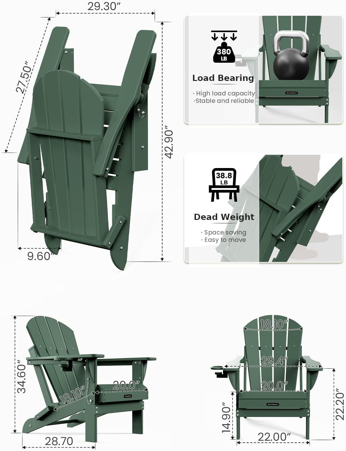 MUCHENGHY Folding Adirondack Chairs Set of 2, Patio Chairs, Lawn Chairs, Outdoor Chairs, Adirondack Chair Plastic, Fire Pit Chairs, Weather Resistant with Cup Holder for Deck, Backyard, Garden(Green)