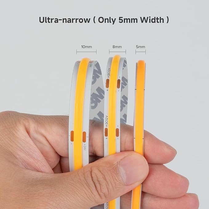 BTF-LIGHTING FCOB COB 5mm Width UL Listed Super Narrow Flexible Uniform Light LED Strip 16.4FT DC12V 3000K CRI 90+ Dimmable LED Ribbon for Kitchen Home Indoor Decoration(No Adapter or Controller)