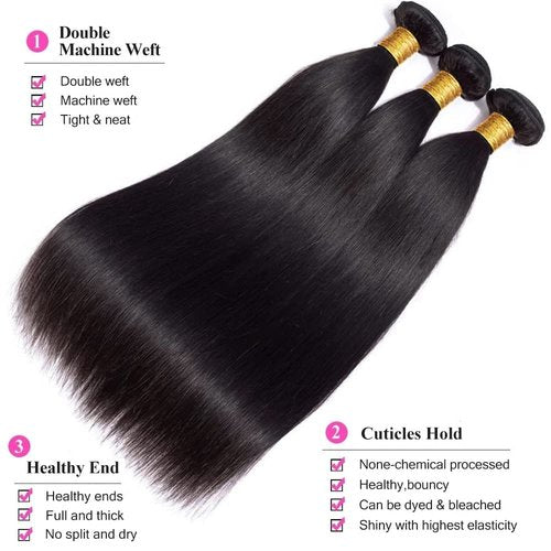 Selina Hair Straight 3 Bundles Human Hair 16 18 20 Inch with 4x4 Lace Closure Human Hair 14 Inch, 100% Unprocessed Brazilian Virgin Hair Extension for Women Natural Black(16 18 20 + 14" Closure)