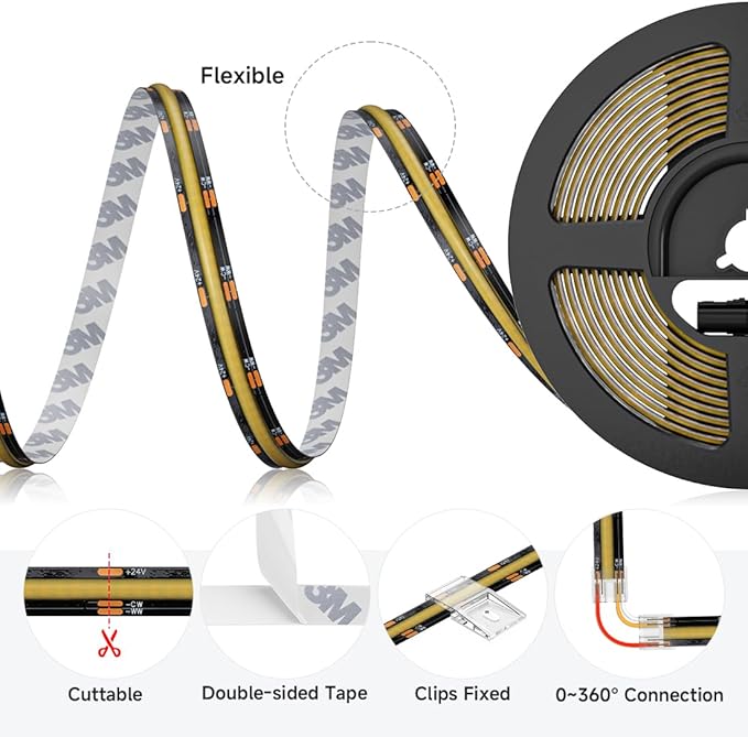 BTF-LIGHTING FCOB COB CCT 24VDC LED Strip Kit UL Listed Flexible High Density 640LED/m 32.8FT RF Remote Controller Tunable CT 2700K-6500K CRI90+ for Bedroom Kitchen Under Cabinet Indoor