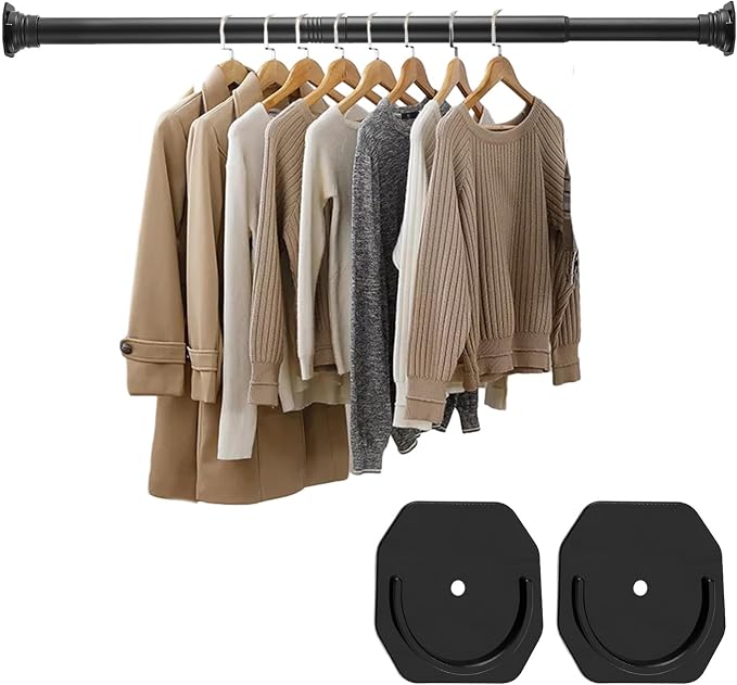 Closet Rods for Hanging Clothes, Matte Black Closet Rod 30-76 Inch Adjustable Clothes Hanging Bar Shower Curtain Rods for Closet, Wardrobes, Bathroom, Windows, with No Drilling Holder