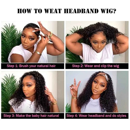 Lauberita Long Human Hair Headband Wig Brazilian Curly Headband Wig Human Hair Deep Wave Wig Glueless Hair None Lace Front Natural Color(22 inch)