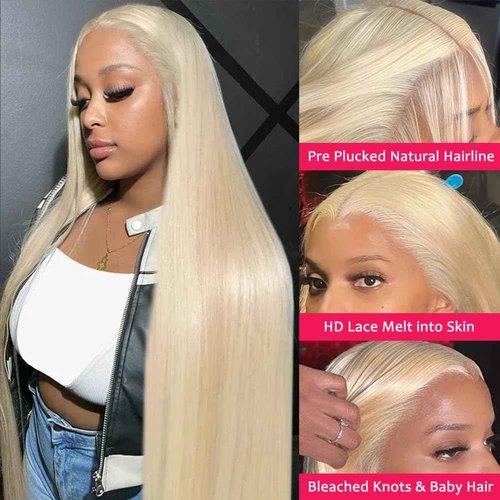 BINF 613 Blonde Lace Front Wig - Human Hair, 13x4 Straight, Pre-Plucked, 28 Inch, 180% Density, Glueless Bleached Knots