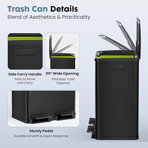 DUMOS Kitchen Double Trash Can, 2x8-Gallon Dual Trash Can with Lid, Stainless Steel Garbage Bin with 2 Removable Inner Buckets, Soft-Close Foot Pedal for Kitchen, Home, Office, Matte Black
