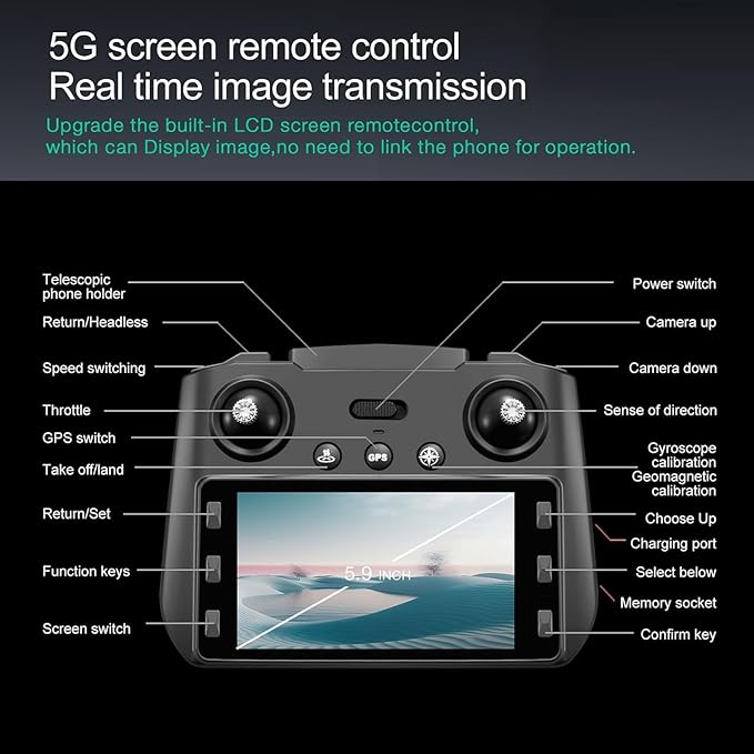 Drone with Camera 4k, GPS HD Drones for Adults, Remote Controller with Screen, Obstacle Avoidance, Brushless Motor FPV, 5G Transmission, 2 Battery, Professional
