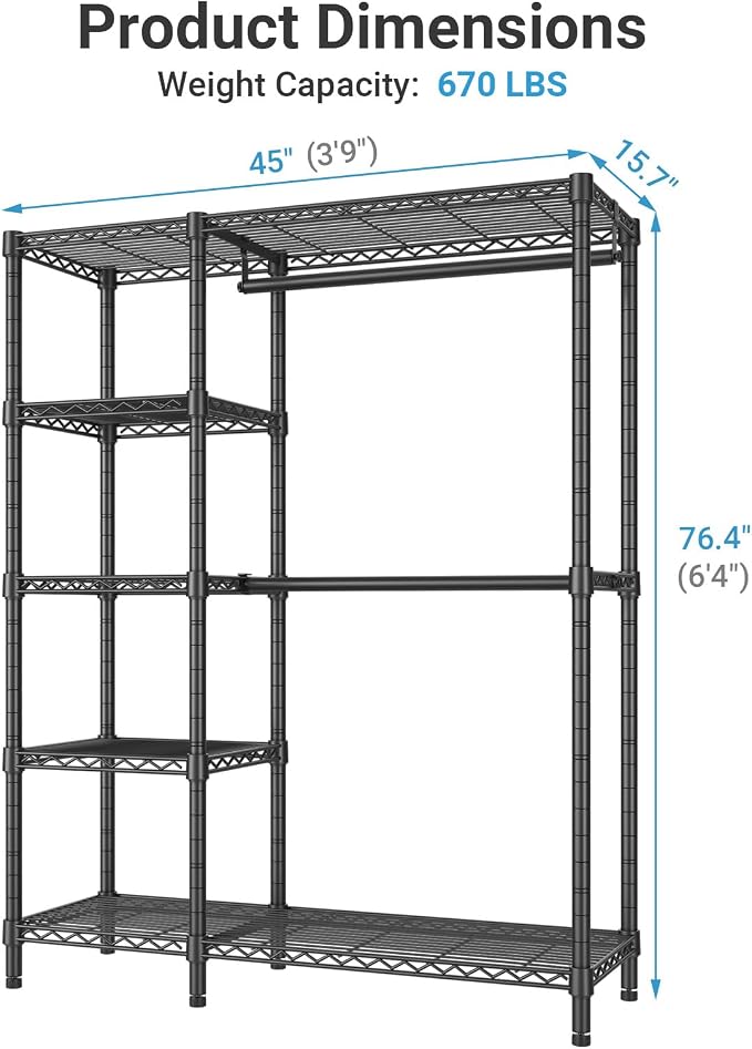 VIPEK V7 Garment Rack for Hanging Clothes Heavy Duty Clothes Rack with Shelves, Portable Closet Racks Metal Clothing Racks 5 Tiers Freestanding Closet Wardrobe System, Max Load 670lbs, Black