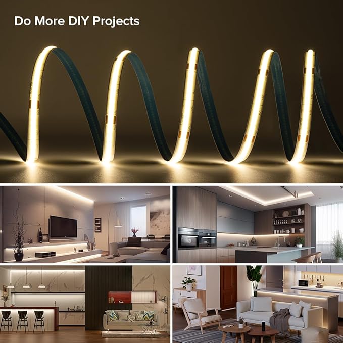 COB LED Strip Ligth 16.4FT DC12V 4000K Natrual White Flexible High Density Uniform Bright COB Strips 480LEDs/m Dimmable LED Light for DIY Kitchen Bedroom Home Decor, No Power/Controller