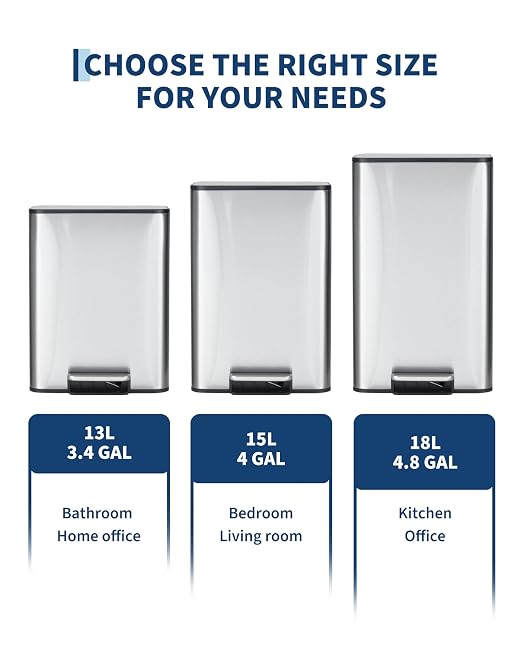 4 Gallon/15 Liter Trash Can, Stainless Steel Step Garbage Can with Quiet Soft-Close Lid, Foot Pedal & Removable Inner Bucket, Rectangular Trash Bin for for Living Room Home Office, Silver