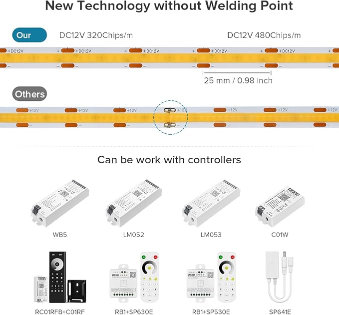 16.4FT COB LED Strip DC12V Warm White Flexible High Density Uniform Bright Light Strip 320LEDs, CRI90+ Dimmable 3000K LED Light for DIY Kitchen Bedroom Home Decor, No Power and Controller