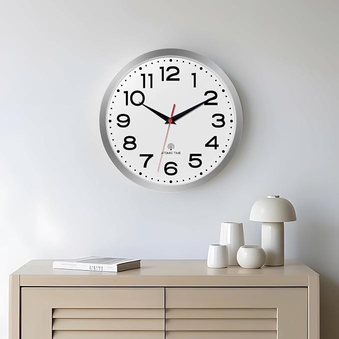Roymnie Atomic Wall Clock 10 Inch, Modern Clock Battery Operated Classic Analog Decorative for Kitchen, Living Room, Office, Bedroom, Bathroom (Silver)