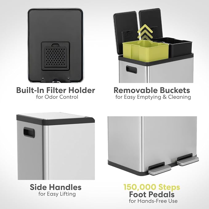 Simpli-Magic 16 Gallon (60L) Step Trash Can – Dual Compartment Kitchen Garbage Can with Waste & Recycling Bins – Slow-Close Lid, Odor Control, Hands-Free, Inner Bases, Premium Stainless Steel