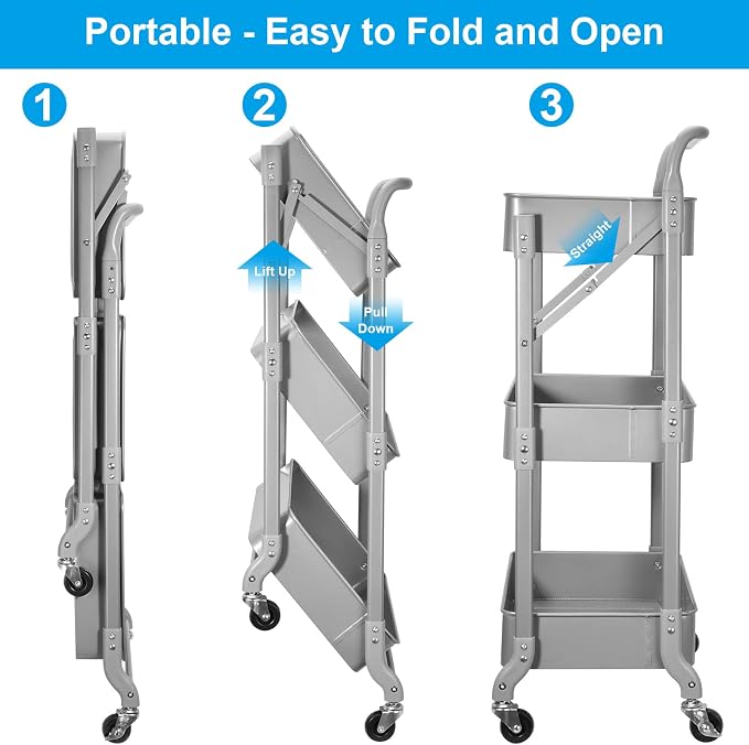 Foldable 3 Tier Metal Utility Rolling Cart, Folding Mobile Multi-Function Storage Trolley Organizer Cart for Home Library Office(Grey)