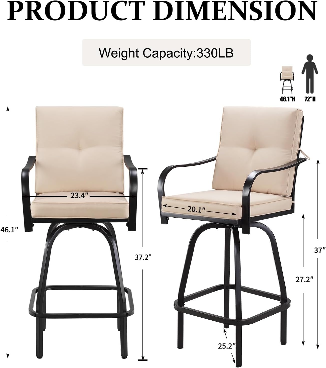 Patio Swivel Bar Stools, Outdoor High Back Swivel Bar Chair Set of 6 with Cushion & All Weather Steel Frame for Backyard, Lawn, Poolside and Balcony, Beige