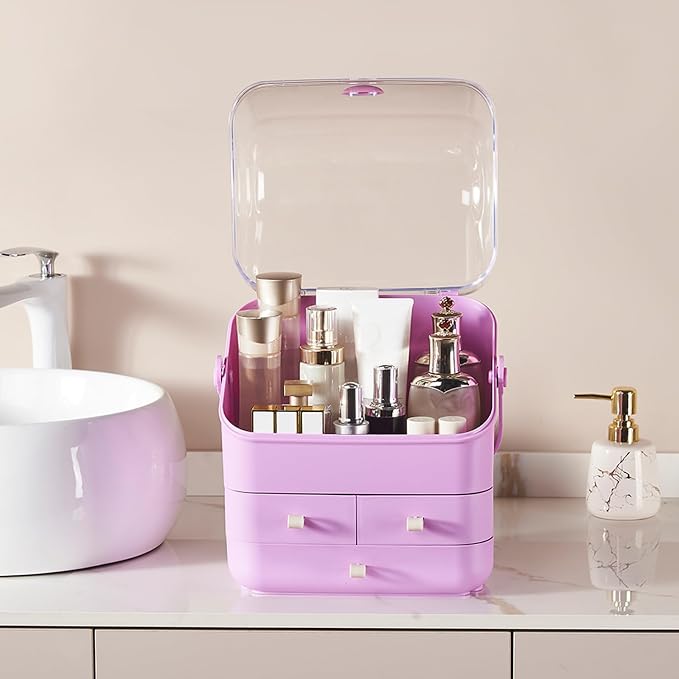 Large Makeup Organizer w Drawers Beauty Organizer Makeup Box Holder Vanity Organization Desk Countertop MakeUp Organizers Bathroom Counter Organizer Skincare Cosmetic Case Stand Dustproof Lid Gift