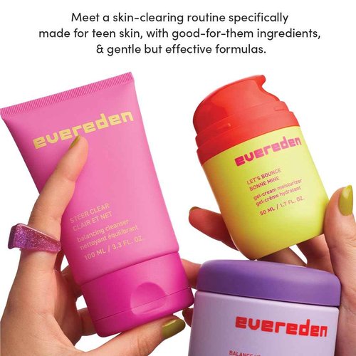 Evereden Preppy Skincare Collection with Triple Green Tea: Teen Skincare Steer Clear Balancing Jelly Cleanser Teen Face Wash, Let's Bounce Gel-Cream Moisturizer, & Balance Up Toner Pads for Face