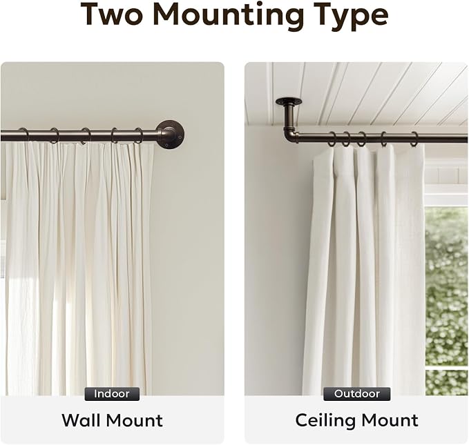Zeerobee Curtain Rods for Windows 48 to 84, 1 Inch Industrial Wrap Around Antique Bronze Curtain Rod, Indoor/Outdoor Room Divider Adjustable Drapery Pole, 48"-86"