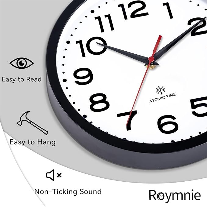 Roymnie Atomic Wall Clock 14 Inch, Modern Clock Battery Operated Classic Analog Decorative for Kitchen, Living Room, Office, Bedroom, Bathroom (Black)