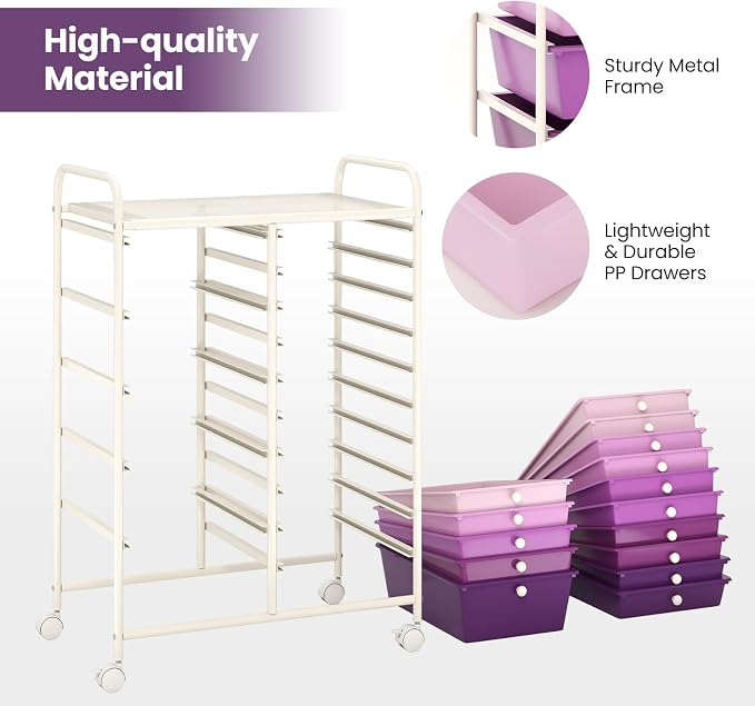 Giantex 15 Drawers Rolling Cart, Classroom Organizers, Storage Cart with Wheels, for Teacher Office Home School Supplies Tool Craft Art Paper, Purple Gradient