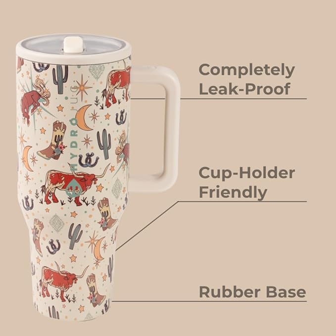 HydroJug Traveler - 32 oz Water Bottle with Handle & Flip Straw - Fits in Cup Holder, Leak Resistant Tumbler-Reusable Insulated Stainless Steel & Rubber Base - Gifts for Women & Men, Rodeo