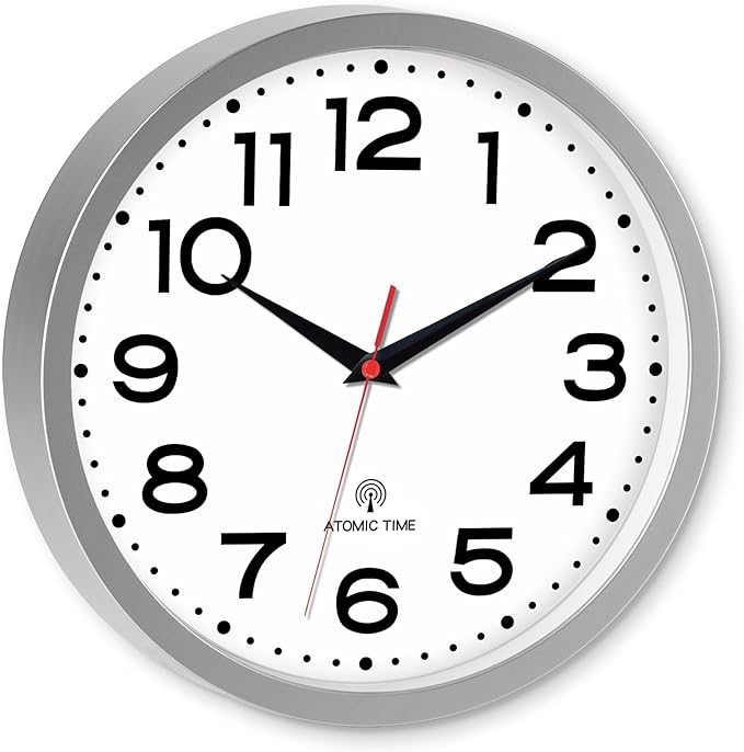 Roymnie Atomic Wall Clock 14 Inch, Modern Clock Battery Operated Classic Analog Decorative for Kitchen, Living Room, Office, Bedroom, Bathroom (Silver)