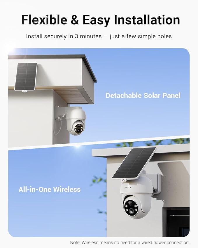 ANSQUE Security Cameras Wireless Outdoor Home System, 6 Camera Kit, No Subscription Fees, Solar Powered, Local Storage, 365-Day Battery Life, 360°PTZ Surveillance, Auto Tracking, 2K Color Night Vision