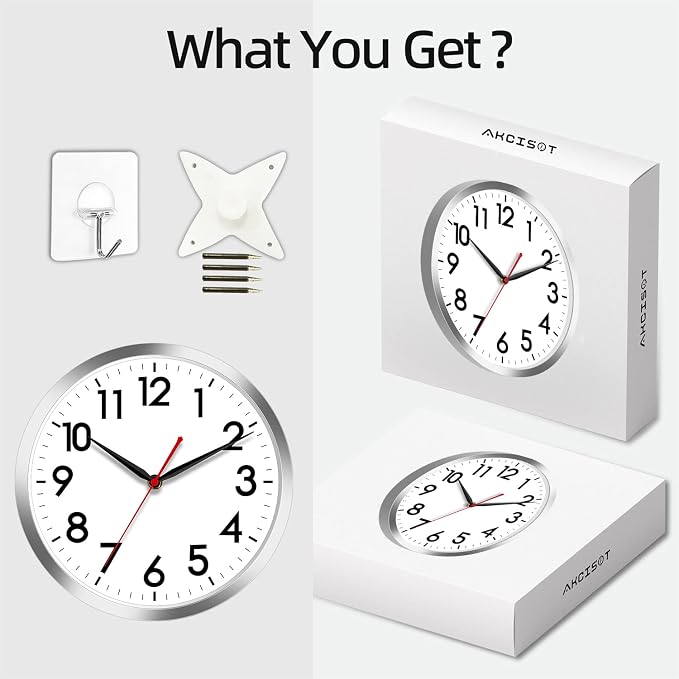 AKCISOT Wall Clock 10 Inch Silent Wall Clocks Battery Operated Non Ticking - Modern Silver Clock Decorative for Kitchen, Bathroom, Bedroom, Living Room, Office, Home(Silver)
