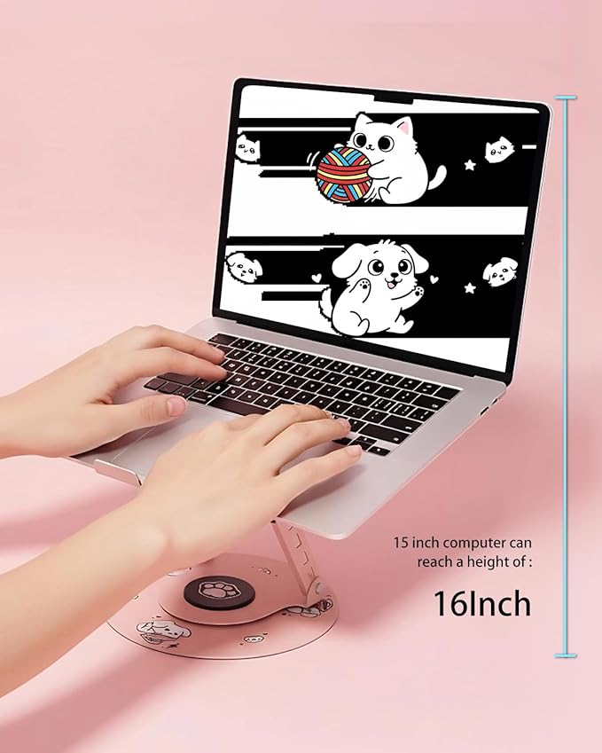 Upgraded Pink Swivel Laptop Stand - 360° Rotating Base & Foldable|Cute Dog Patterns for Healing Vibe|Fits MacBook & 13-15" Laptops|Ideal for Desk Work,Office,Travel,Home,Painting