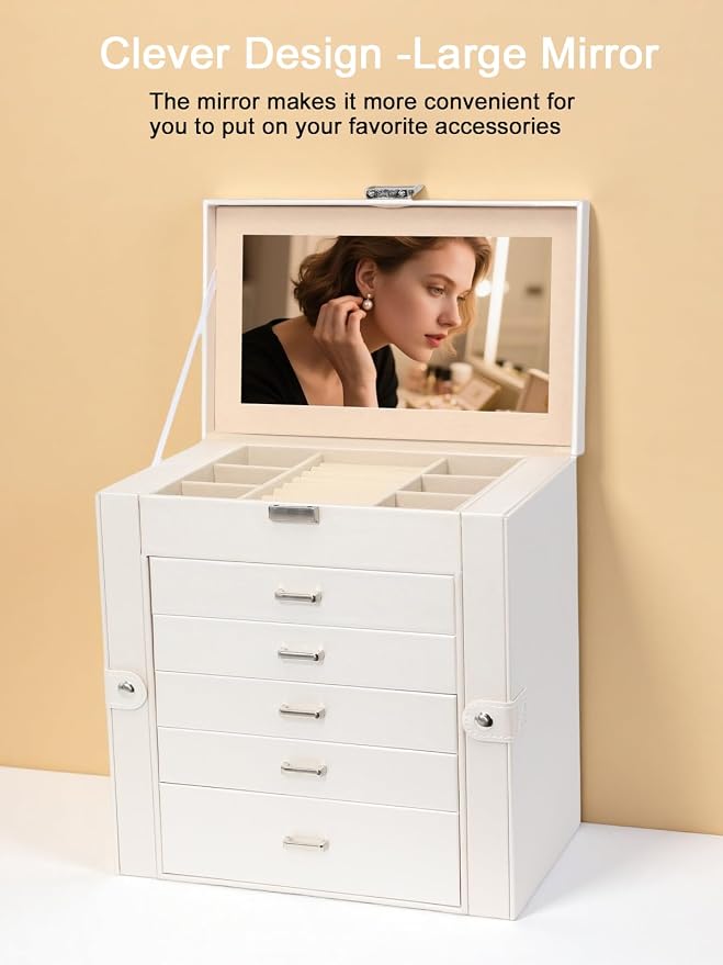 BOOVO Jewelry Box For women, 6 Layer Large Jewelry Organizer With Mirror, Multi-Function Storage Box With Lock, Accessory Holder With 5 Drawers, For Earrings Necklace Ring Bracelet (Pearl White)