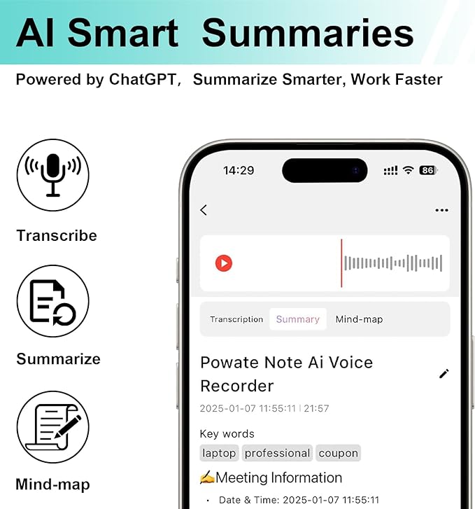 AI Voice Recorder, ChatGPT Transcribe & Summarize, 112 Languages Digital Voice Recorder, Noise Reduction Portable Dictaphone, 64GB HD Recording Device for Meetings, Lectures, Calls, Interviews