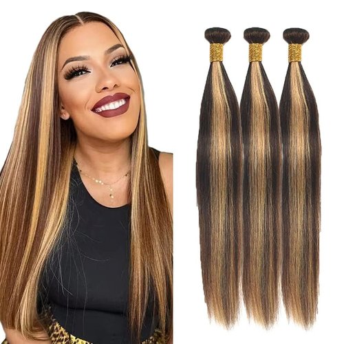 Habiliana Bundles Human Hair 16 18 20 Inch Straight Wave P4/27 Human Hair Bundles 11A Unprocessed Brazilian Virgin Quick Weave Hair Extensions for Black Women