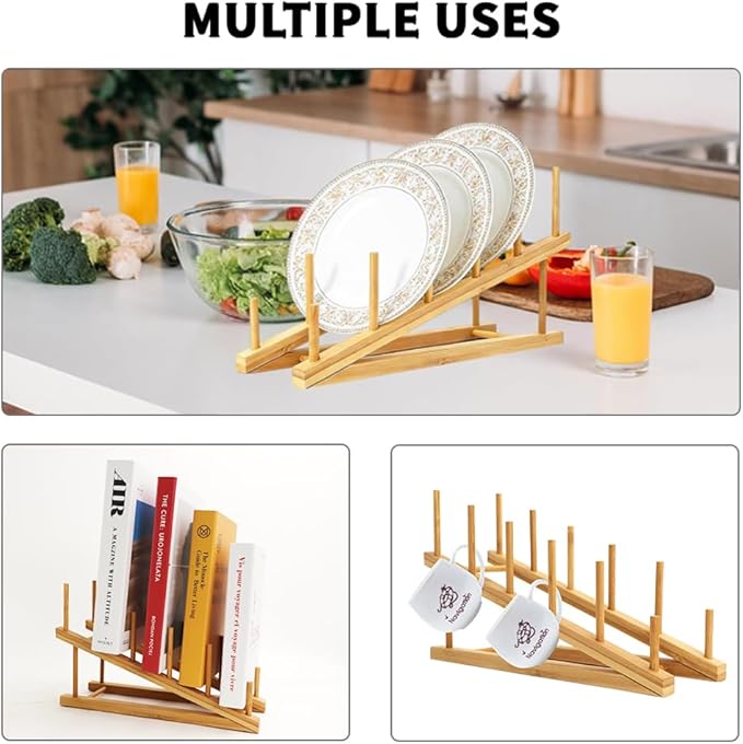 4 PCS Wooden Dish Drying Rack Bamboo Plate Dish Rack Stand Kitchen Cabinet Organizer Pot Lid Holder for Plate, Dish, Cup, Cutting Board, Bowl, Pot Lid