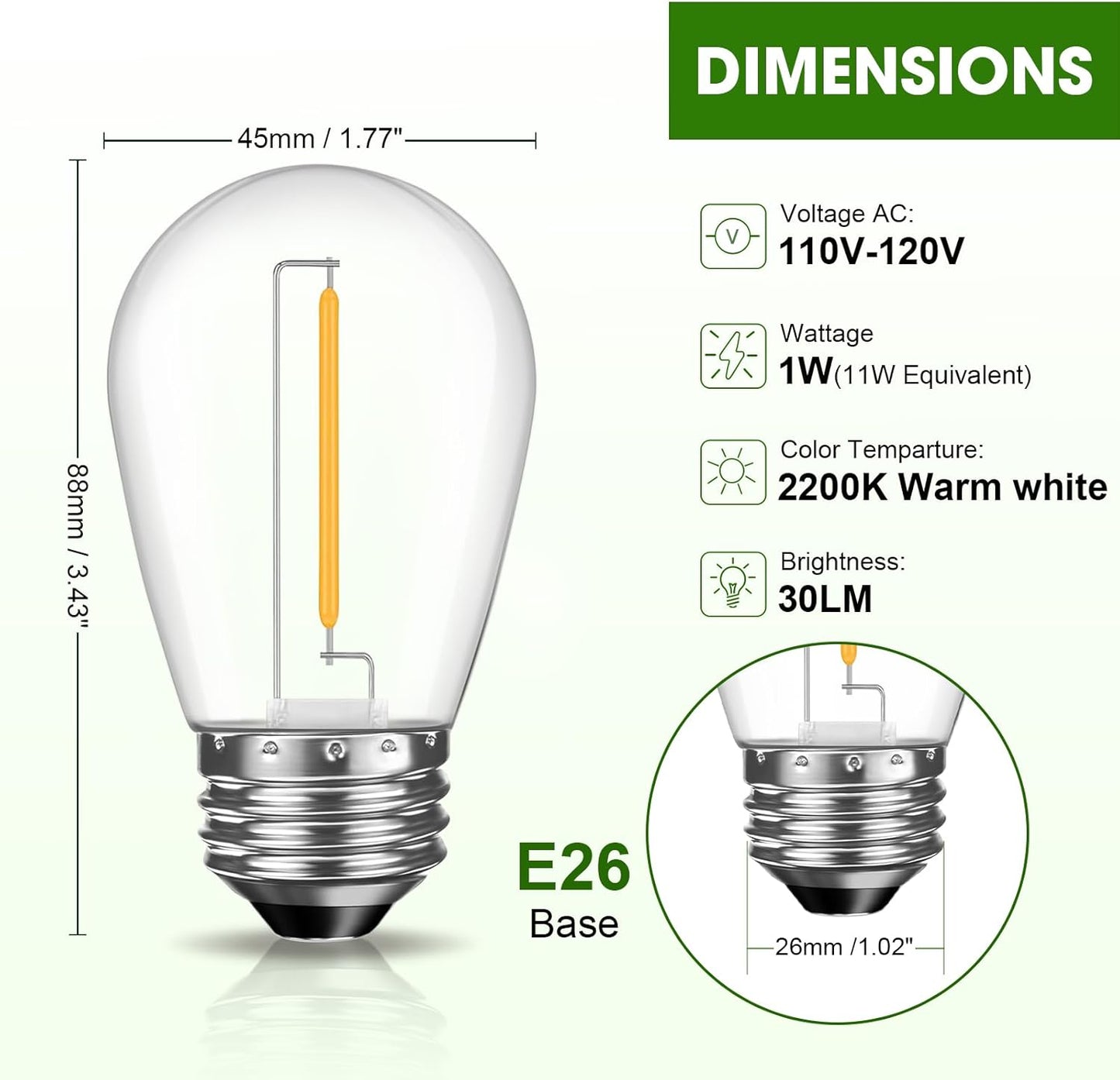 LED S14 Replacement Light Bulbs for Patio String Light, Shatterproof & Waterproof Hanging Light Bulbs for Outdoor String Lights, Dimmable, E26 Base, 24 Pack